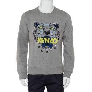 Pre Owned Kenzo Grey Cotton Tiger Embroidered Crewneck Sweatshirt L