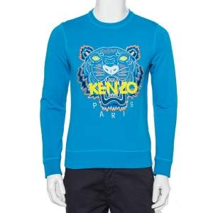 Pre Owned Kenzo Blue Tiger Embroidered Cotton Crewneck Sweatshirt S