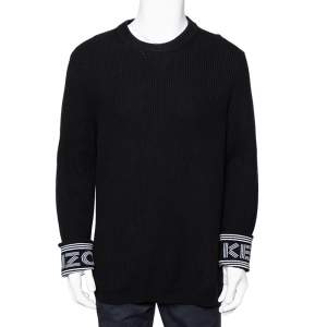 Kenzo Black Knit Logo Cuff Rib Sweater M