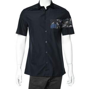 Kenzo Navy Blue Cotton Contrast Patch Detail Short Sleeve Slim Fit Shirt M