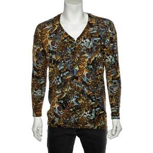 Kenzo Multicolor Perforated Knit Flying Tiger Flocked V-Neck Jumper S
