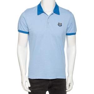 Kenzo Blue Chambray Tiger Motif Appliqued Polo T-Shirt M