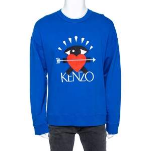 Kenzo Blue Eye Heart Logo Embroidered Cotton Crewneck Sweatshirt L