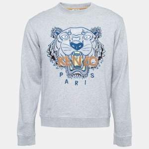 Pre Owned Kenzo Light Grey Tiger-Embroidered Cotton Sweatshirt M