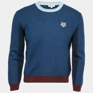 Pre Owned Kenzo Blue Colorblock Wool Logo Patch Sweater M