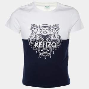 Kenzo Navy & White Colorblock Tiger Print Cotton Crew Neck T-Shirt L
