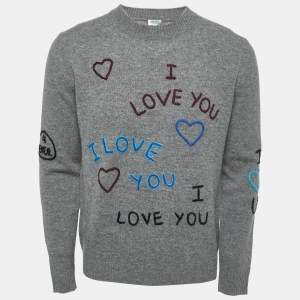 Kenzo Grey I Love You Embroidered Wool Crew Neck Sweater M