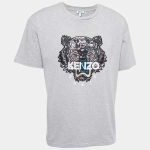 Pre Owned Kenzo Grey Logo Embroidered Cotton Crew Neck T-Shirt L