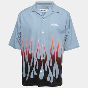 Pre Owned Kenzo Slate Blue Flame Print Cotton Short Sleeve Bowling Shirt L