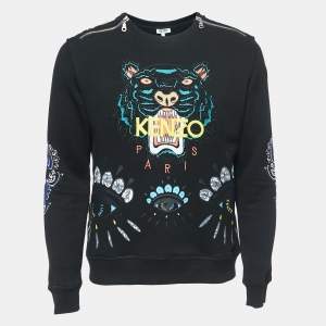 Pre Owned Kenzo Black Logo Embroidered Cotton Zip Detail Sweatshirt L