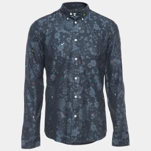Pre Owned Kenzo Navy Blue Floral Patterned Button Down Full Sleeve Shirt M
