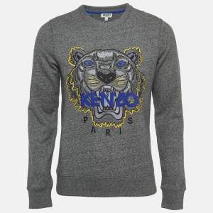 Kenzo Grey Logo Tiger Embroidered Cotton Crew Neck Sweatshirt S