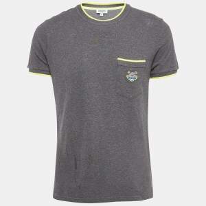 Kenzo Grey/Neon Yellow Cotton Pique Pocket Detail Round Neck T-Shirt S