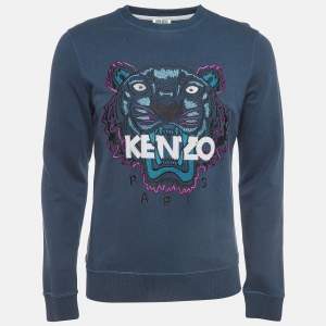 Pre Owned Kenzo Teal Blue Logo Tiger Embroidered Cotton Sweatshirt M