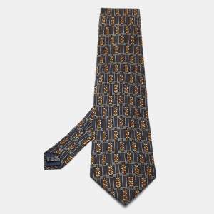 Lanvin Navy Blue Printed Satin Silk Traditional Tie 
