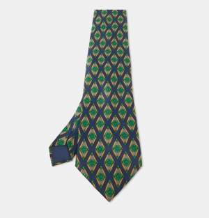 Lanvin Navy Blue Printed Satin Silk Traditional Tie 