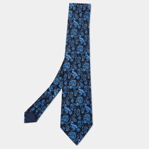 Lanvin Black & Blue Baroque Print Silk Tie