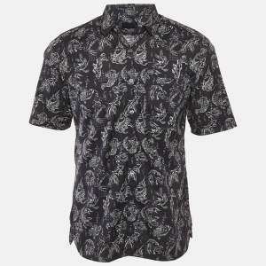 Pre Owned Lanvin Navy Blue Koi-print Cotton Short Sleeve Shirt L
