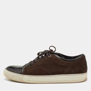 Lanvin Dark Brown Patent Leather and Suede Low Top Sneakers Size 46
