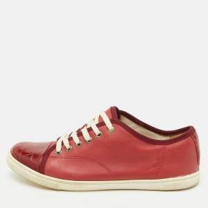 Lanvin Dark Red Croc Embossed Leather and Leather Low Top Sneakers Size 40