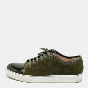Lanvin Olive Green Suede and Patent Leather Lace Low Top Sneakers Size 41