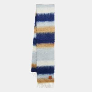 Loewe Blue/Brown Anagram Patch Striped Mohair Blend Tasseled Scarf 