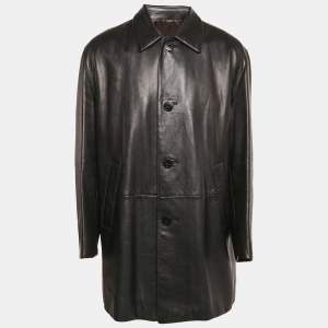 Loewe Black Leather Button Front Coat XXXL