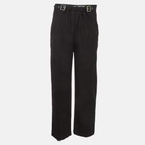 Pre Owned Loewe Black Wool Leather Trim Pleated Belted Trousers S