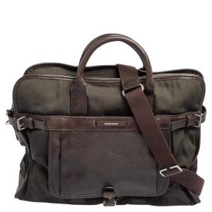 Longchamp Dark Brown/Green Nylon And Leather Weekender Bag