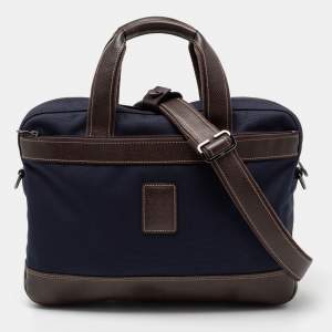  Longchamp Navy Blue/Brown Leather And Canvas Boxford Laptop Bag