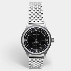 Longines Black Silver Stainless Steel Heritage L2.828.4.53.6 Men's Wristwatch 38 mm