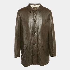 Pre Owned Loro Piana Brown Quilted Leather Button Front Jacket XXL