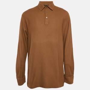 Pre Owned Loro Piana Brown Pique Cotton Long Sleeve Polo T-Shirt XXXL