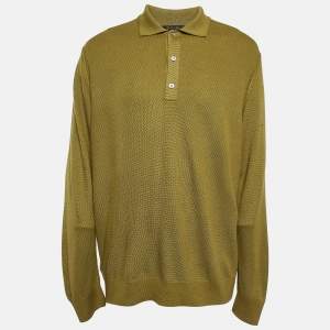 Pre Owned Loro Piana Olive Green Silk and Cashmere Knit Long Sleeve Polo T-Shirt 4XL