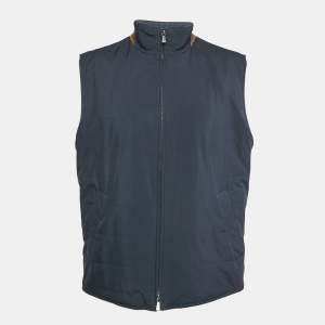 Pre Owned Loro Piana Navy Blue Synthetic High Neck Zip-Up Vest XL