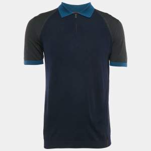 Pre Owned Loro Piana Navy Blue Wool Paneled Zip-Up Polo T-Shirt M