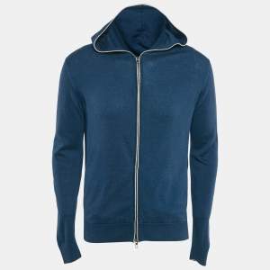 Loro Piana Blue Cashmere and Cotton Knit Hooded Leasure Bomber Jacket M