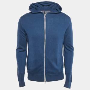 Loro Piana Blue Cashmere and Cotton Knit Hooded Leasure Bomber Jacket M