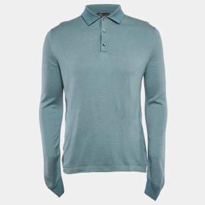 Loro Piana Blue Silk Full Sleeve Polo T-Shirt L