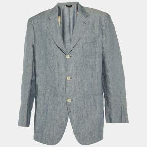 Loro Piana Blue Chambray Linen Button Front Jacket XL