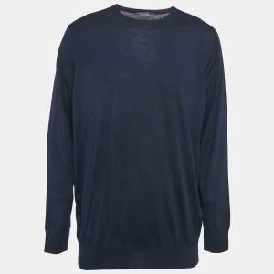 Pre Owned Loro Piana Navy Blue Wool Crew Neck Sweater 4XL