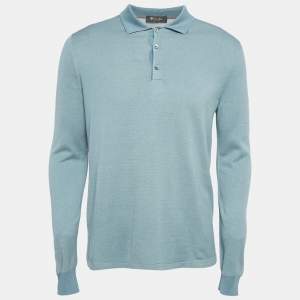 Pre Owned Loro Piana Blue Silk Jersey Full Sleeve Polo T-Shirt L