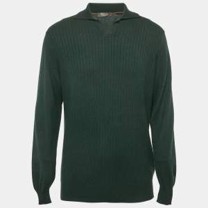 Loro Piana Dark Green Cashmere Knit Polo Aspen Sweater XXL