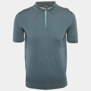 Pre Owned Loro Piana Smokey Green Wool Zip Up Polo T-Shirt L