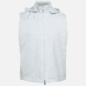 مملوكة مسبقًا جاكيت بلا أكمام لوورو بيانا مخطط أزرق قابل للعكس صناعي وكتان مقاس متوسط