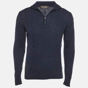 مملوكة مسبقًا Loro Piana Blue Cable Cashmere Knit Half Zipper Sweater L