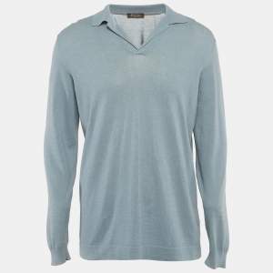 Pre Owned Loro Piana Blue Stretch Knit Long Sleeve Polo T-Shirt XL