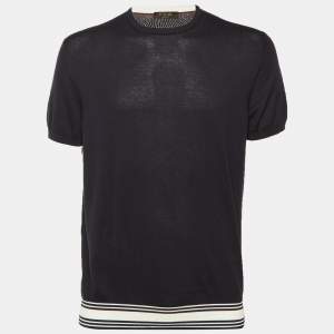 Pre Owned Loro Piana Navy Blue Cotton Knit Short Sleeve Jumper XL