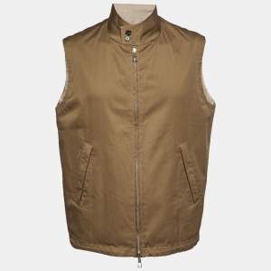 مملوكة مسبقًا جاكيت بدون أكمام من القطن البني والكتان البيج لورو بيانا مقاس متوسط