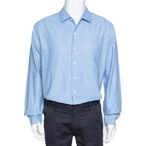 Pre Owned Loro Piana Blue Textured Cotton Long Sleeve Shirt XXL
